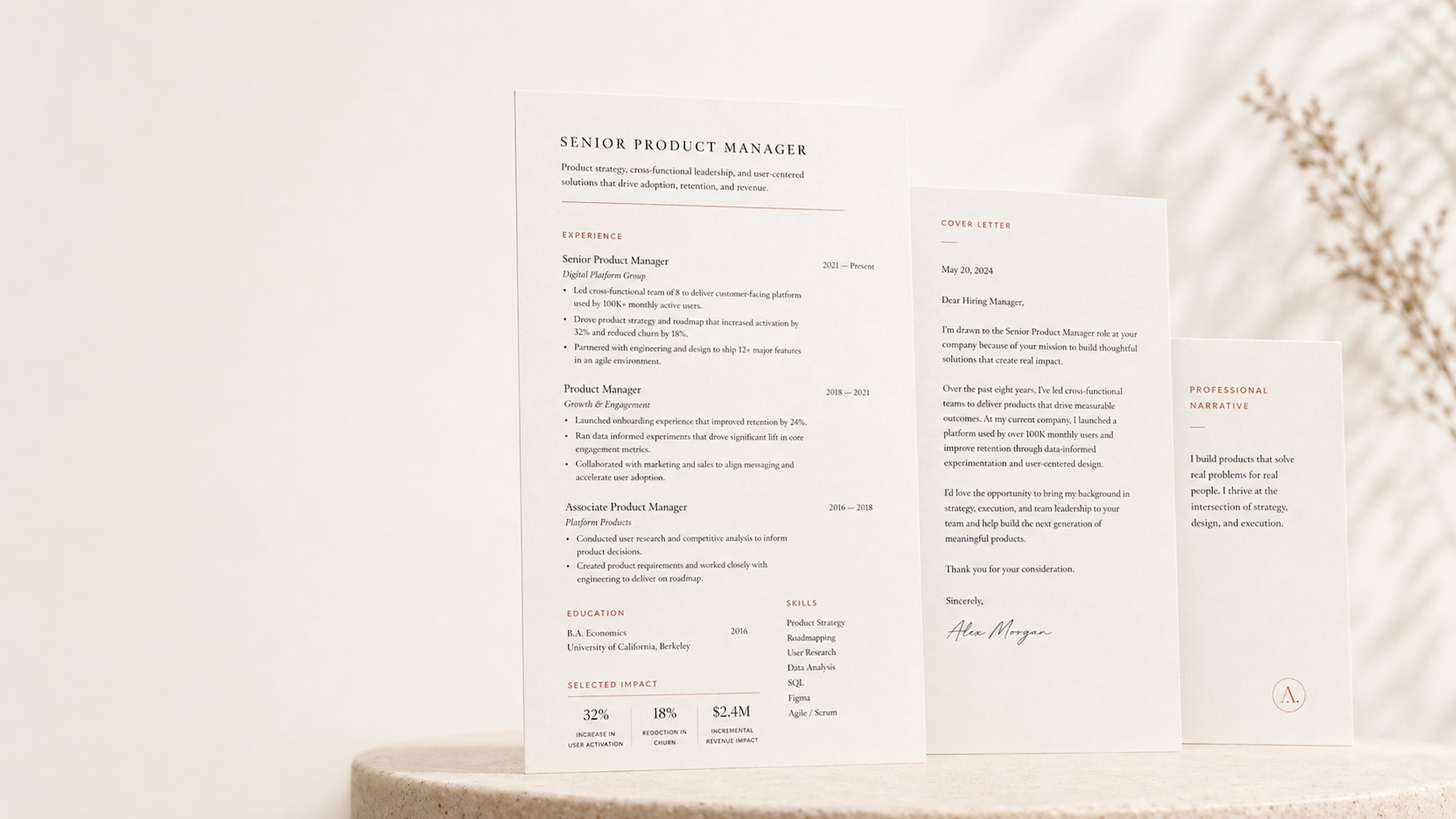 Three Ateliehr-crafted application documents — résumé, cover letter, and professional narrative — propped against a stone pedestal.